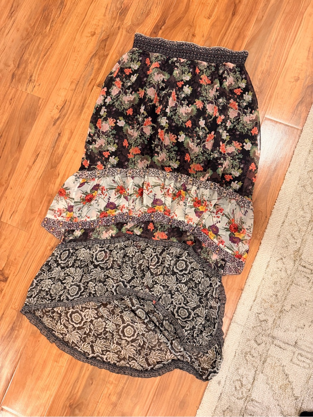Alice + Olivia Black Floral High-Low Tiered Maxi Skirt